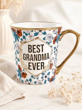 Coffee Mug Floral “BEST GRANDMA EVER” with Gold Handle and Trims
